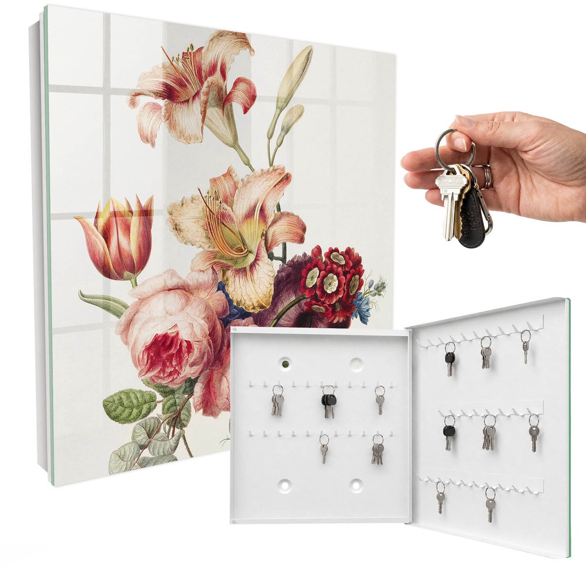 WallMuralia - Sleutelkast - 30x30x5 cm - met 50 haken - Kleurrijke Bloemen Sleutelkastje Binnen - Roze Sleutelbox - Rechtsopenend - Wit interieur