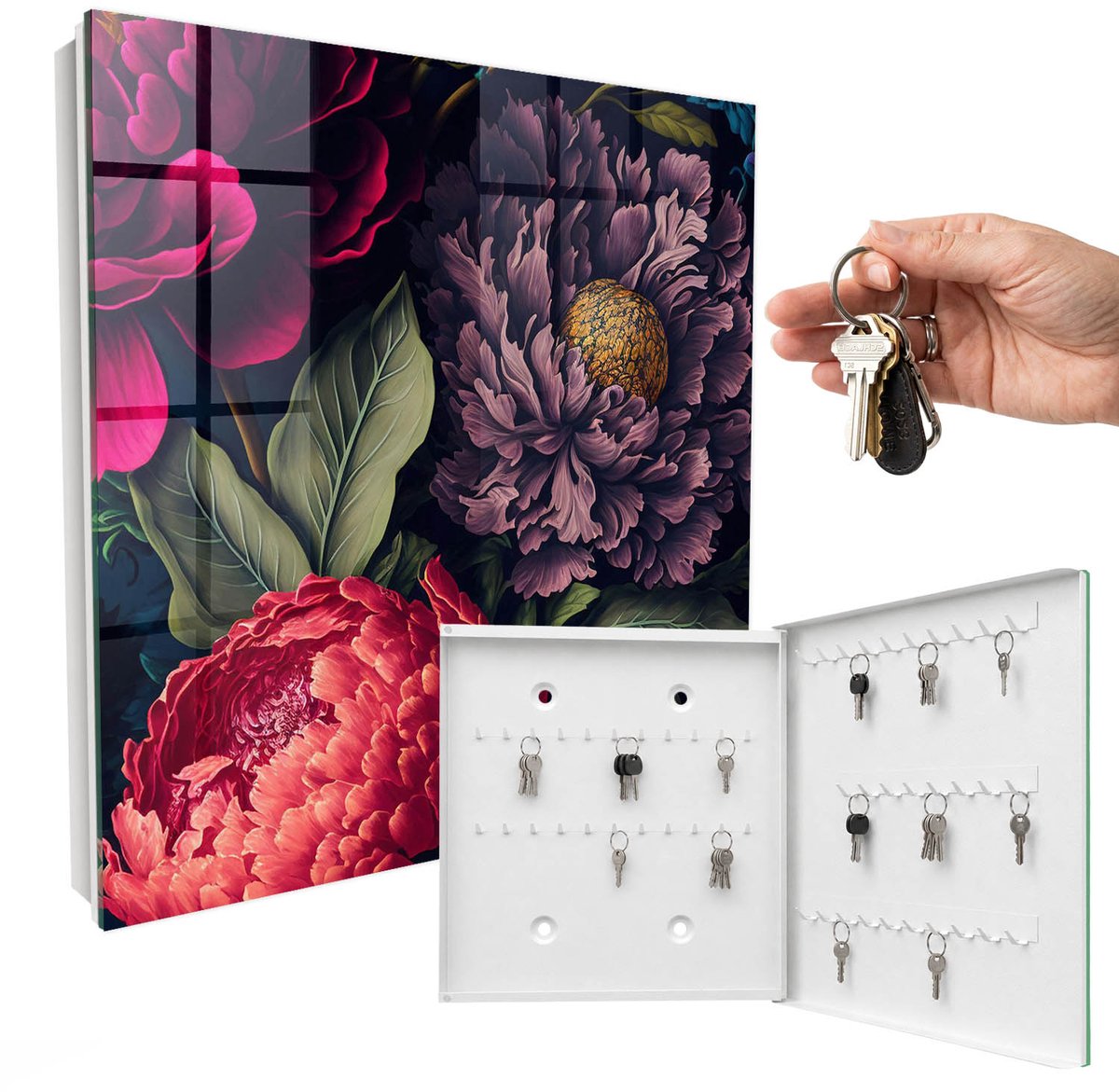 WallMuralia - Sleutelkast - 30x30x5 cm - met 50 haken - Bloemen Van Luxe Sleutelkastje Muur - Paars Sleutelbox - Rechtsopenend - Wit interieur