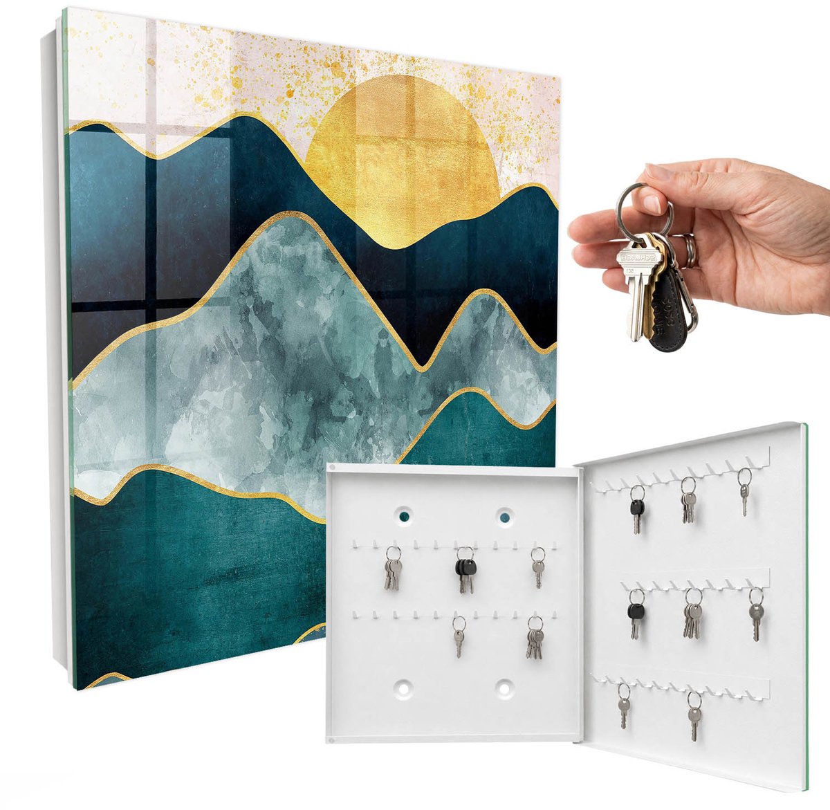 WallMuralia - Sleutelkast - 30x30x5 cm - met 50 haken - Bergabstractie Sleutelkastje Huis - Blauw Sleutelbox - Rechtsopenend - Wit interieur