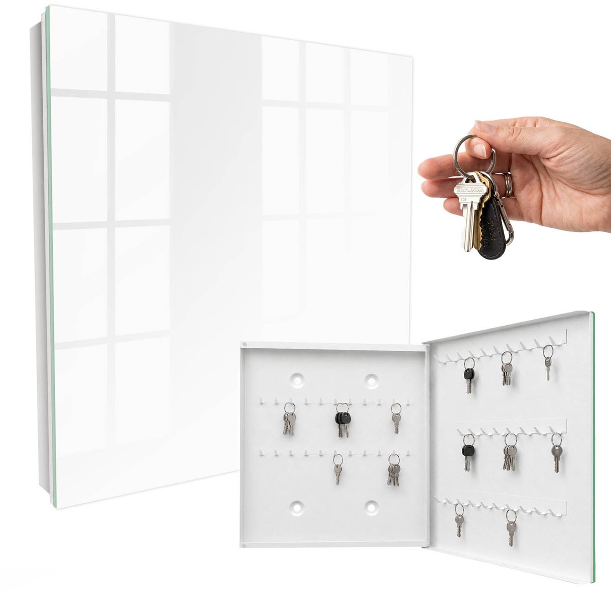 WallMuralia - Sleutelkast - 30x30x5 cm - met 50 haken - Wit Leuk Sleutelkastje - Wit Sleutelbox - Rechtsopenend - Wit interieur