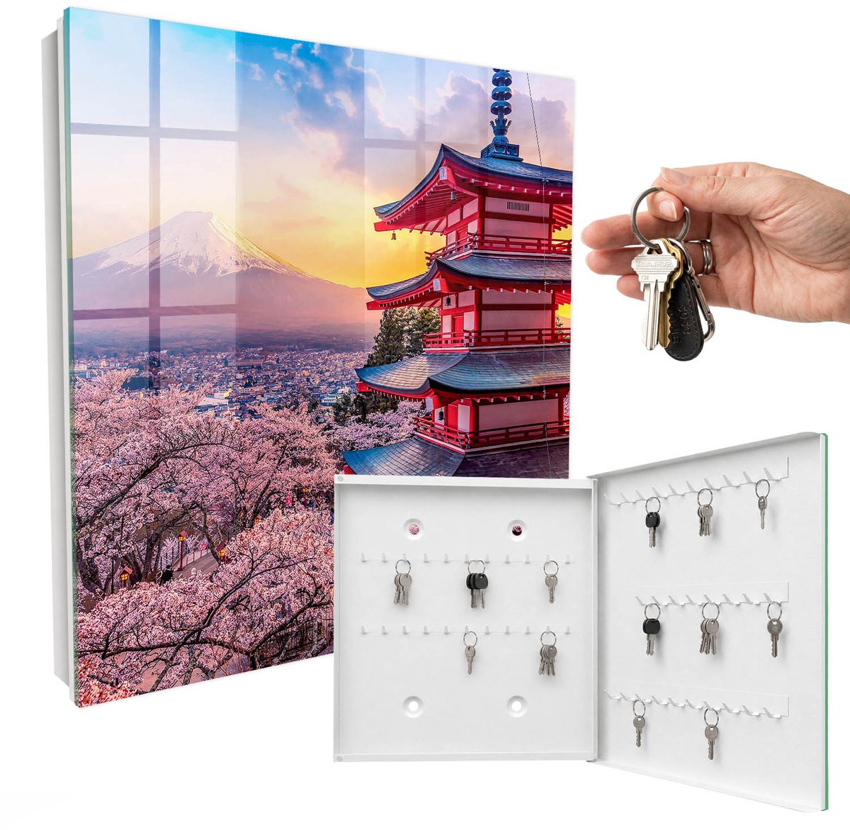 WallMuralia - Sleutelkast - 30x30x5 cm - met 50 haken - Japanse Harmonie Sleutelkastje Klein - Roze Sleutelbox - Rechtsopenend - Wit interieur