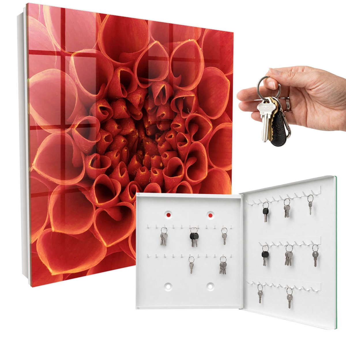 WallMuralia - Sleutelkast - 30x30x5 cm - met 50 haken - Bloemenpatroon Sleutelkastje Gang - Rood Sleutelbox - Rechtsopenend - Wit interieur
