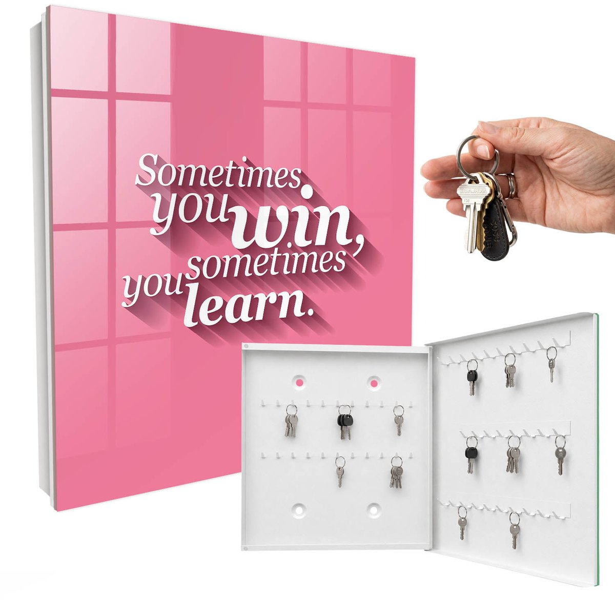 WallMuralia - Sleutelkast - 30x30x5 cm - met 50 haken - Soms Win Je, Soms Leer Je Ervan. Sleutelkastje - Roze Sleutelbox - Rechtsopenend - Wit interieur
