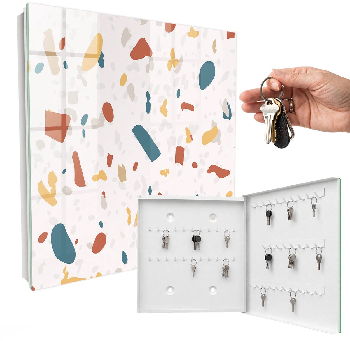 WallMuralia - Sleutelkast - 30x30x5 cm - met 50 haken - Abstracte Compositie Design Sleutelkastje - Beige Sleutelbox - Rechtsopenend - Wit interieur