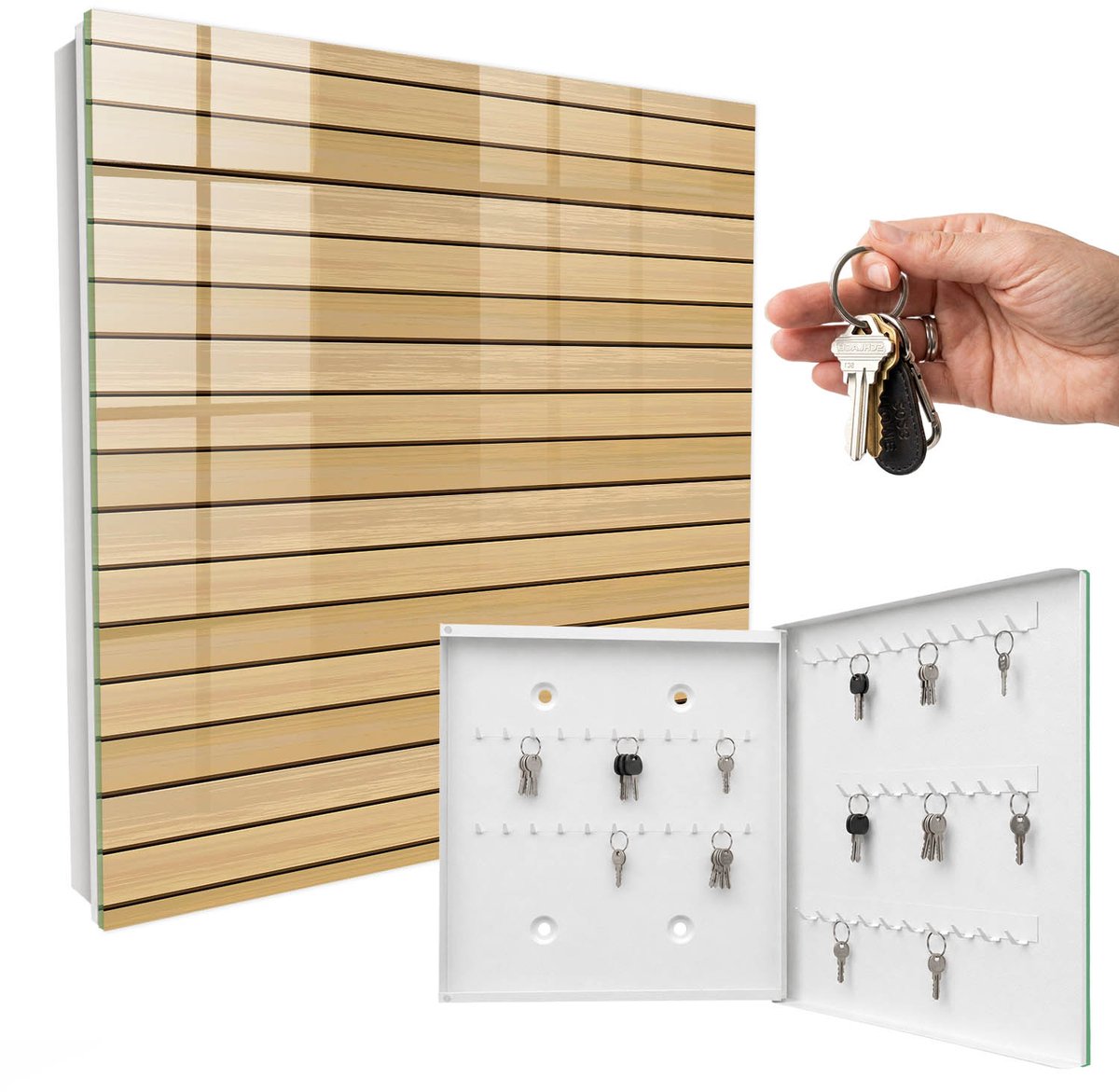 WallMuralia - Sleutelkast - 30x30x5 cm - met 50 haken - Beige Planken Sleutelkastje Design - Beige Sleutelbox - Rechtsopenend - Wit interieur