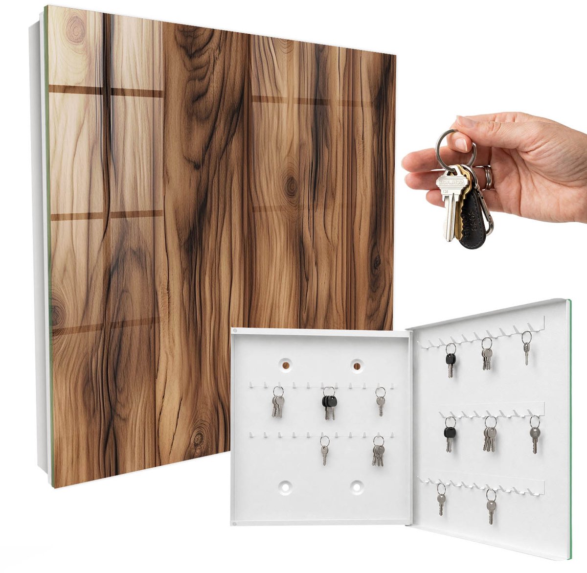 WallMuralia - Sleutelkast - 30x30x5 cm - met 50 haken - Houtstructuur Design Sleutelkastje - Bruin Sleutelbox - Rechtsopenend - Wit interieur
