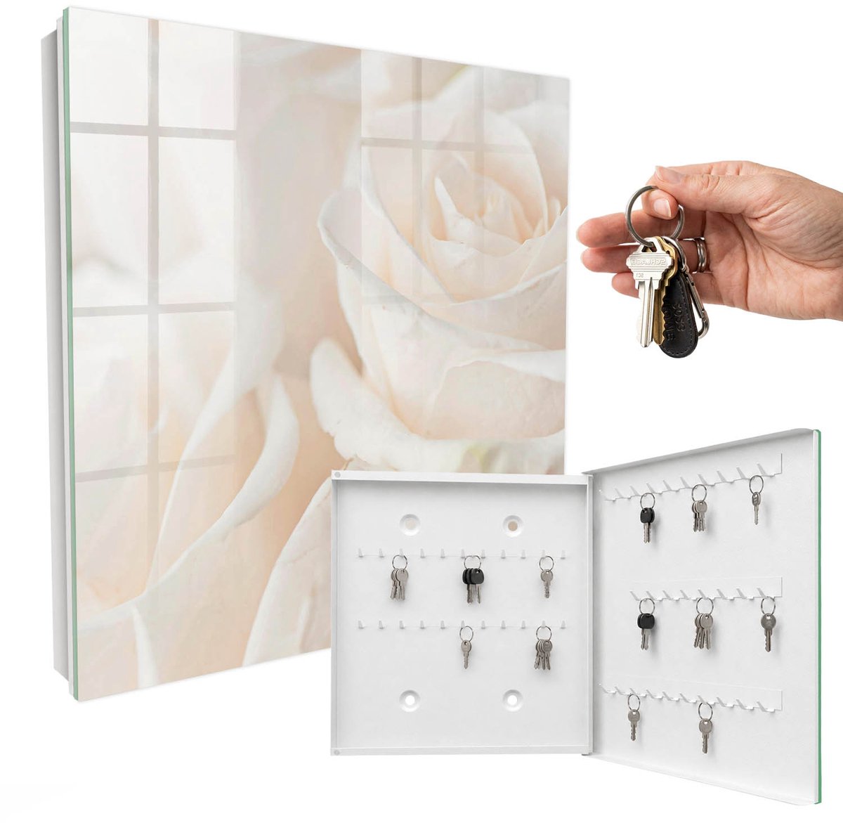 WallMuralia - Sleutelkast - 30x30x5 cm - met 50 haken - Crème Rozen Groot Sleutelkastje - Romig Sleutelbox - Rechtsopenend - Wit interieur