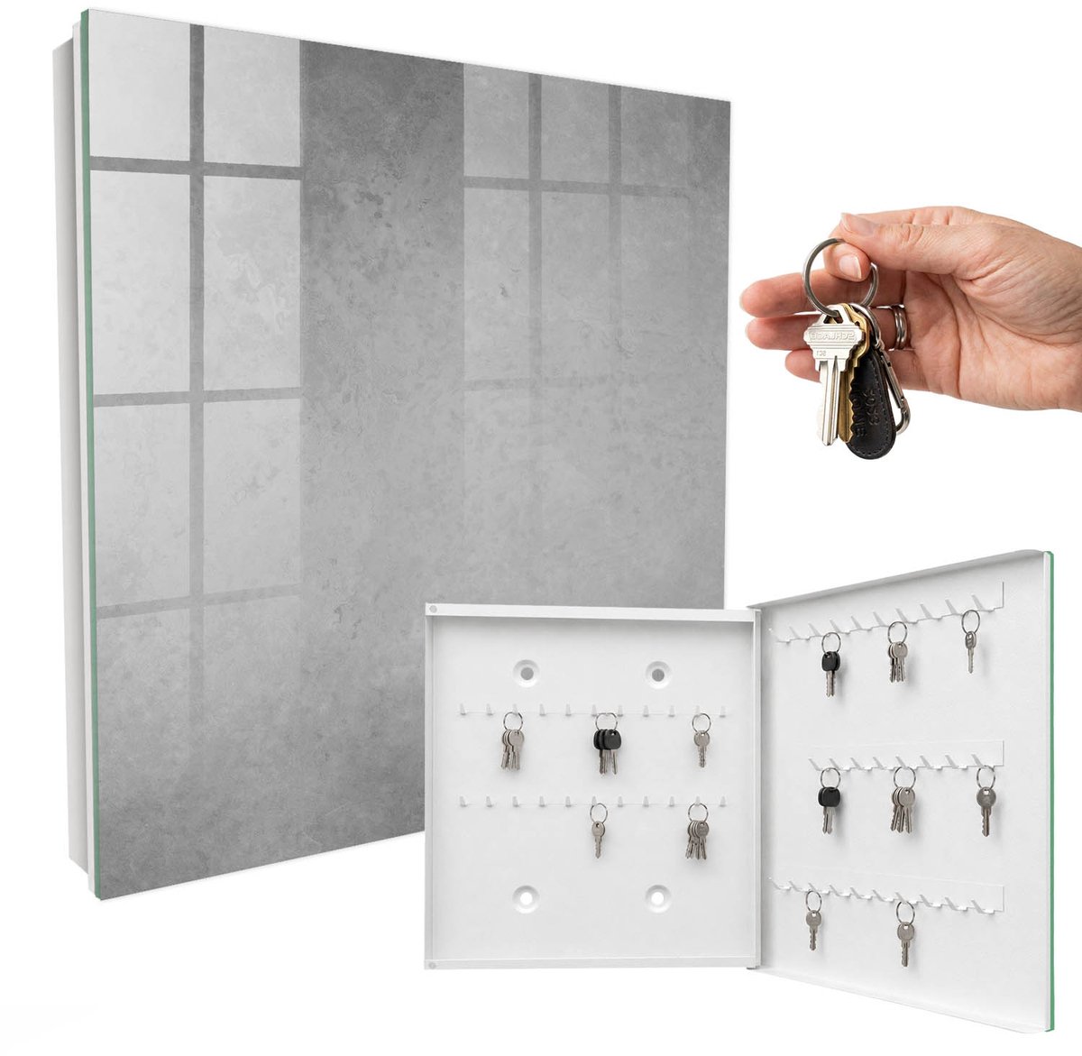 WallMuralia - Sleutelkast - 30x30x5 cm - met 50 haken - Grijze Abstractie Sleutelkastje Hal - Grijs Sleutelbox - Rechtsopenend - Wit interieur