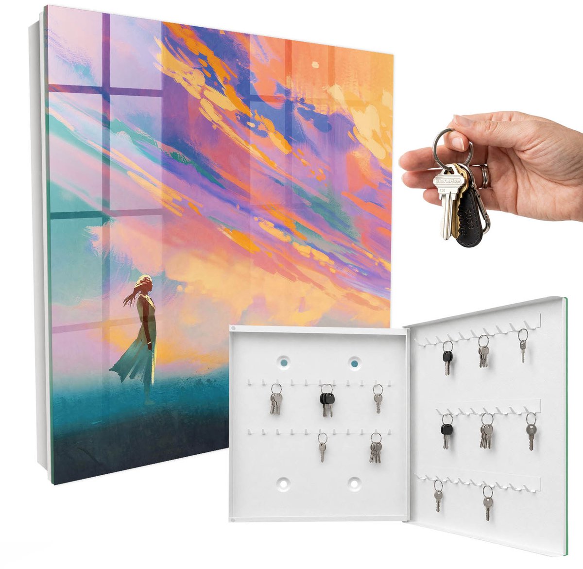WallMuralia - Sleutelkast - 30x30x5 cm - met 50 haken - Dromerige Scène Sleutelkastje Voor Binnen - Oranje Sleutelbox - Rechtsopenend - Wit interieur