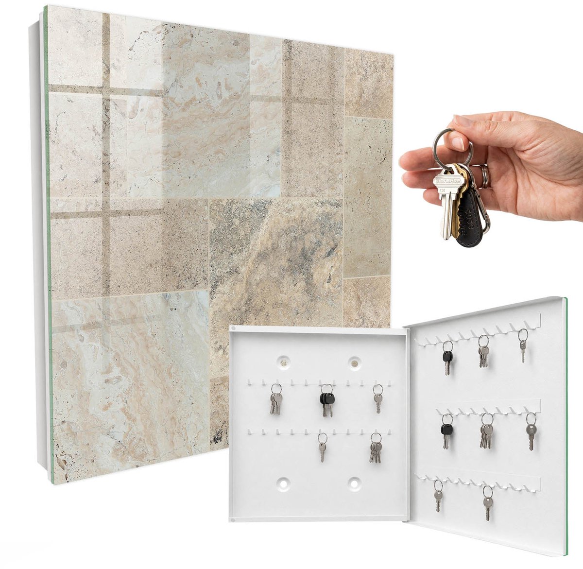 WallMuralia - Sleutelkast - 30x30x5 cm - met 50 haken - Marmeren Tegels Sleutelkastje Huis - Beige Sleutelbox - Rechtsopenend - Wit interieur