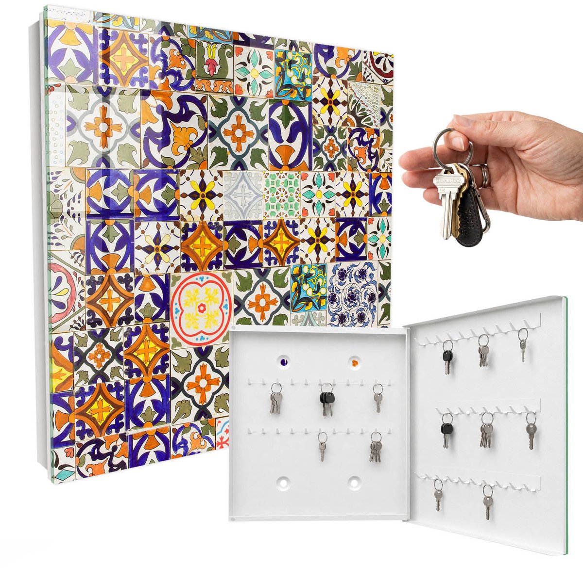 WallMuralia - Sleutelkast - 30x30x5 cm - met 50 haken - Kleurrijke Tegels Sleutelkastje Gang - Blauw Sleutelbox - Rechtsopenend - Wit interieur
