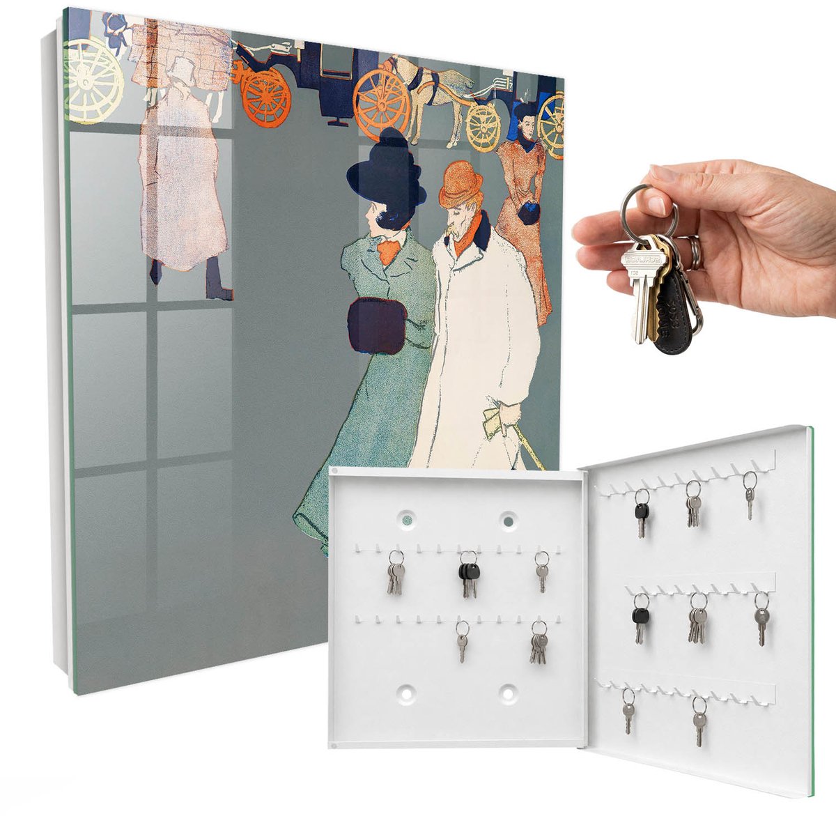 WallMuralia - Sleutelkast - 30x30x5 cm - met 50 haken - Stadswandeling Sleutelkastje Huis - Grijs Sleutelbox - Rechtsopenend - Wit interieur