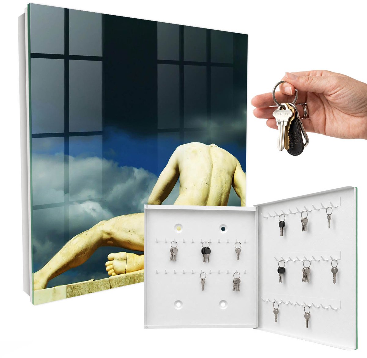 WallMuralia - Sleutelkast - 30x30x5 cm - met 50 haken - Klassieke Elegantie Sleutelkastje Hal - Geel Sleutelbox - Rechtsopenend - Wit interieur