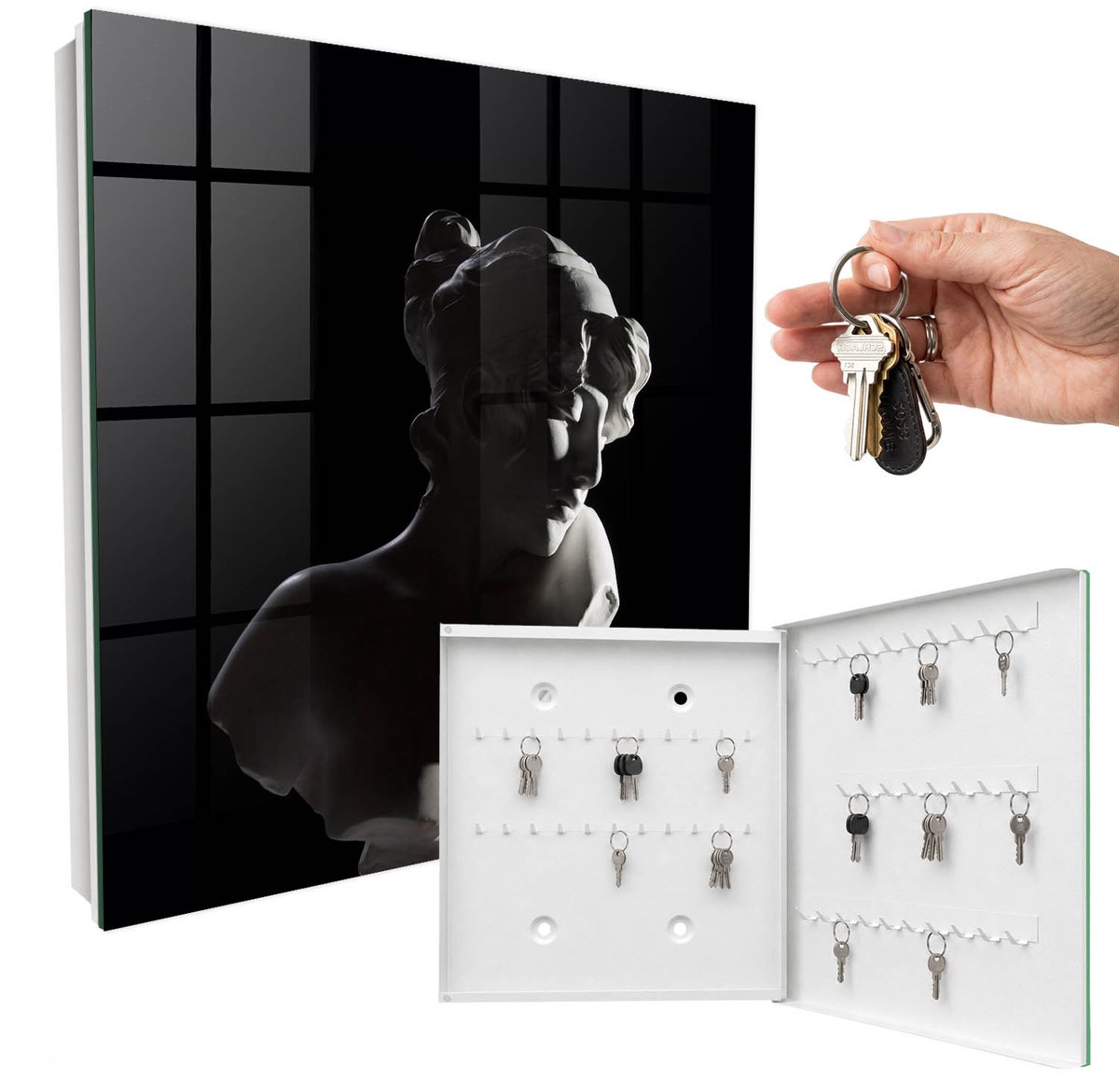 WallMuralia - Sleutelkast - 30x30x5 cm - met 50 haken - Subtiele Sculptuur Sleutelkastje Huis - Zwart Sleutelbox - Rechtsopenend - Wit interieur
