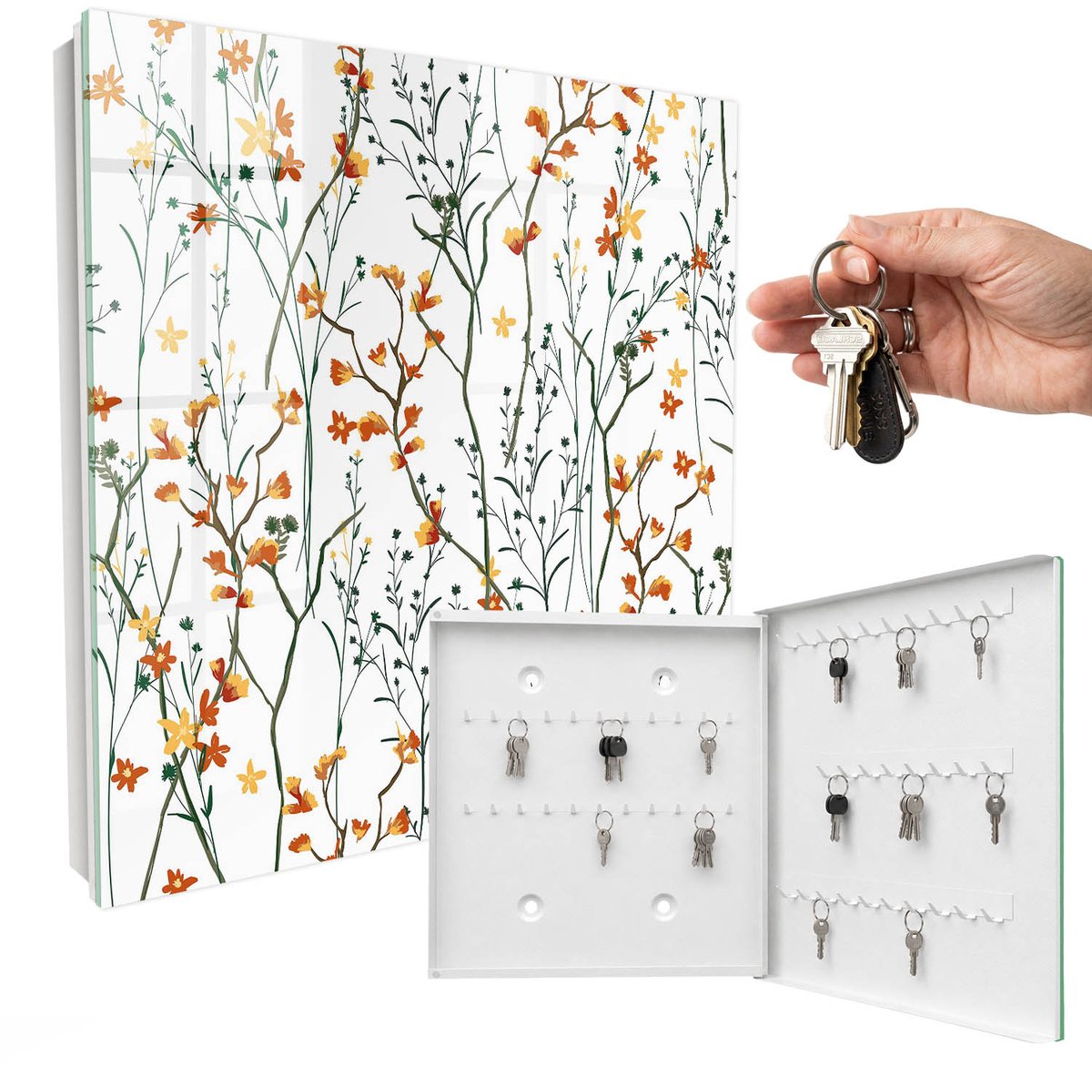 WallMuralia - Sleutelkast - 30x30x5 cm - met 50 haken - Bloemenpatroon Sleutelkastje Muur - Wit Sleutelbox - Rechtsopenend - Wit interieur