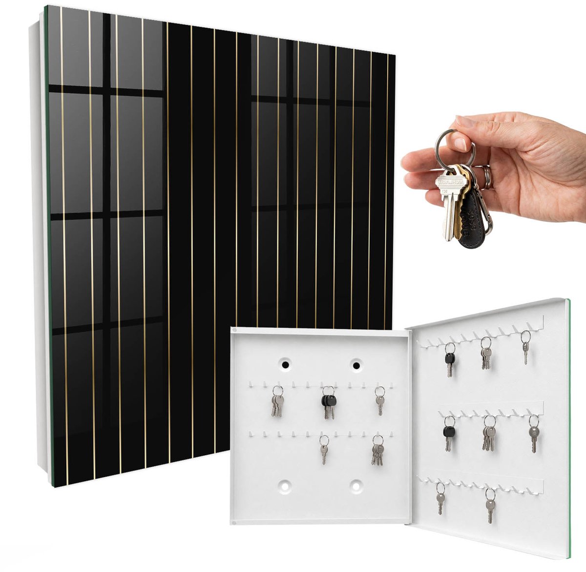 WallMuralia - Sleutelkast - 30x30x5 cm - met 50 haken - Subtiele Lijnen Sleutelkastje Modern - Zwart Sleutelbox - Rechtsopenend - Wit interieur