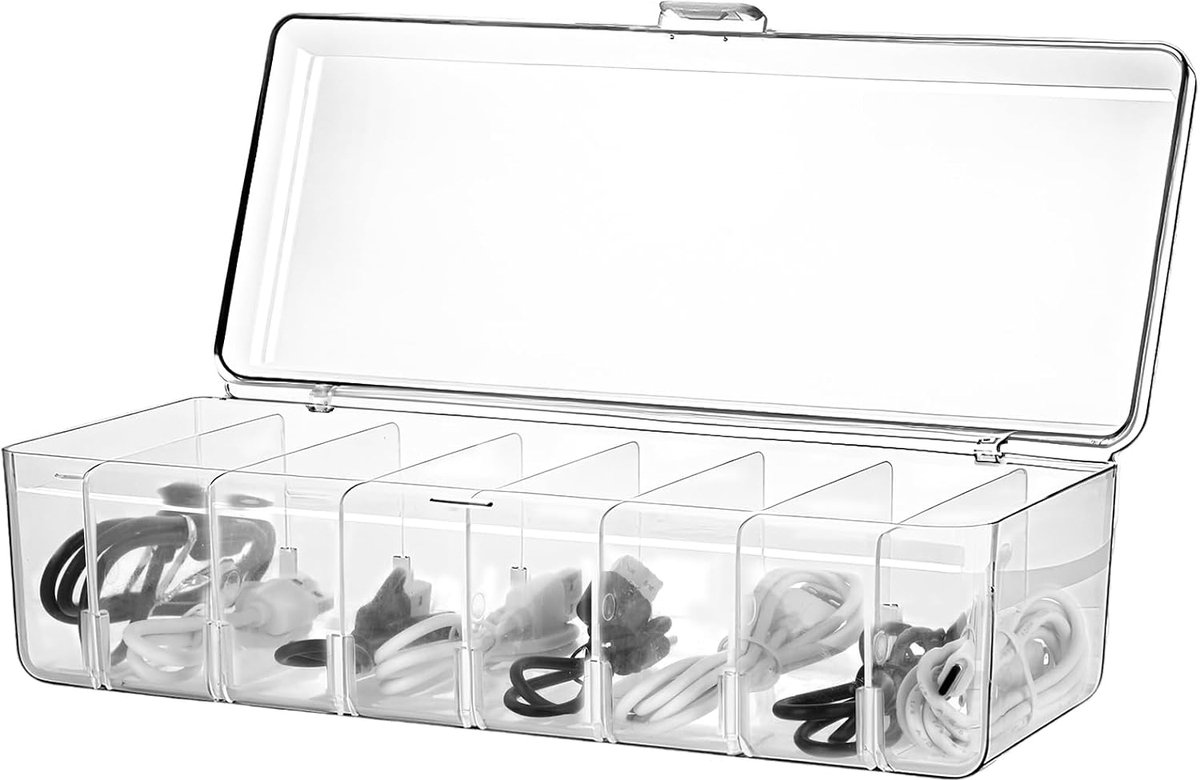Kabelopbergdoos, PET-kabelorganizer, organizer met 7 vakken, voor praktische kabelbescherming, kabelopslag en sortering