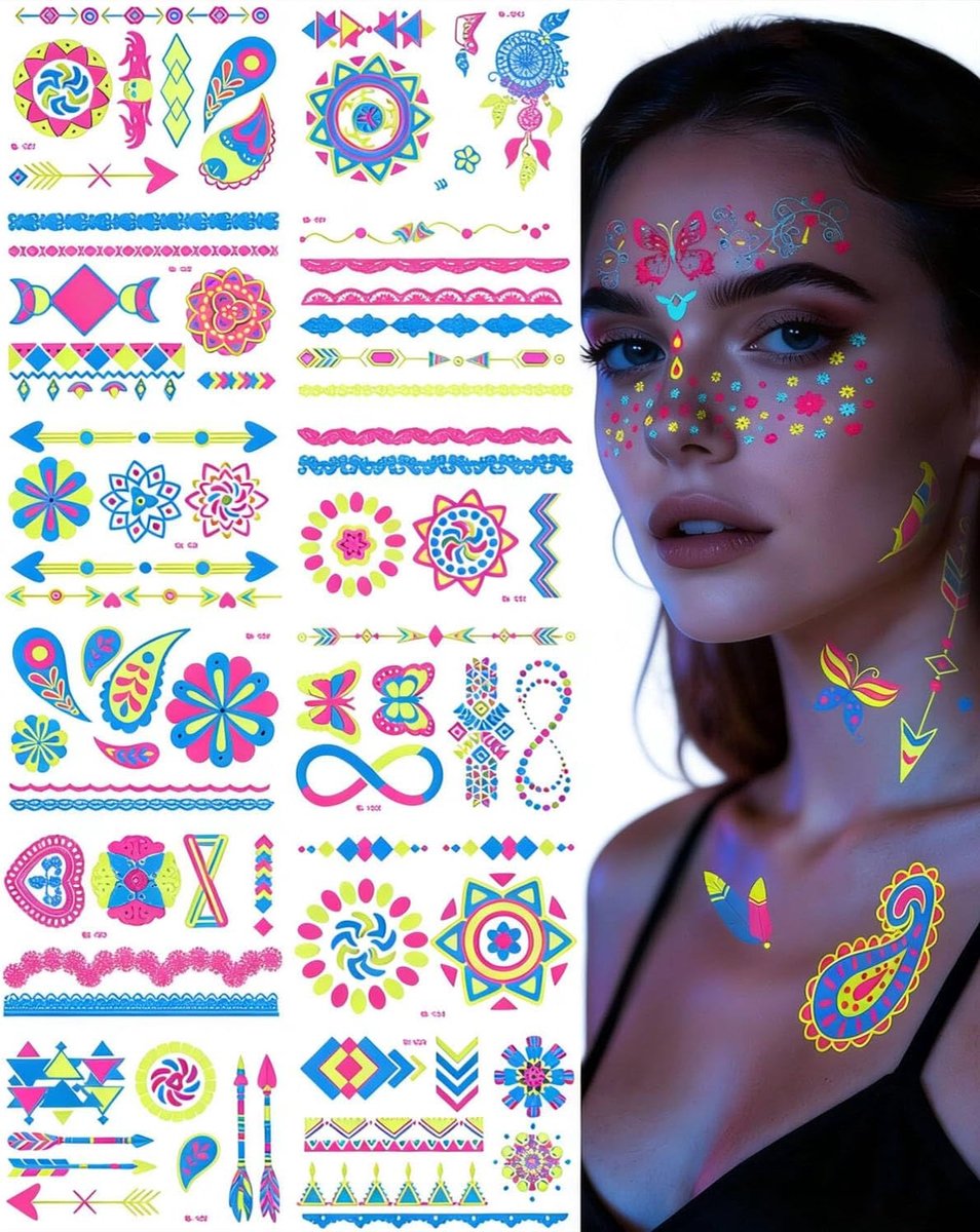 Tattoos 12 Bladeren Leucht Tattoo onder Neon UV Zwart Licht, Glow UV Zwart Licht Neon Party Deko Tattoos voor Volwassenen Teenager Kinderen, Geschenken voor Meisjes