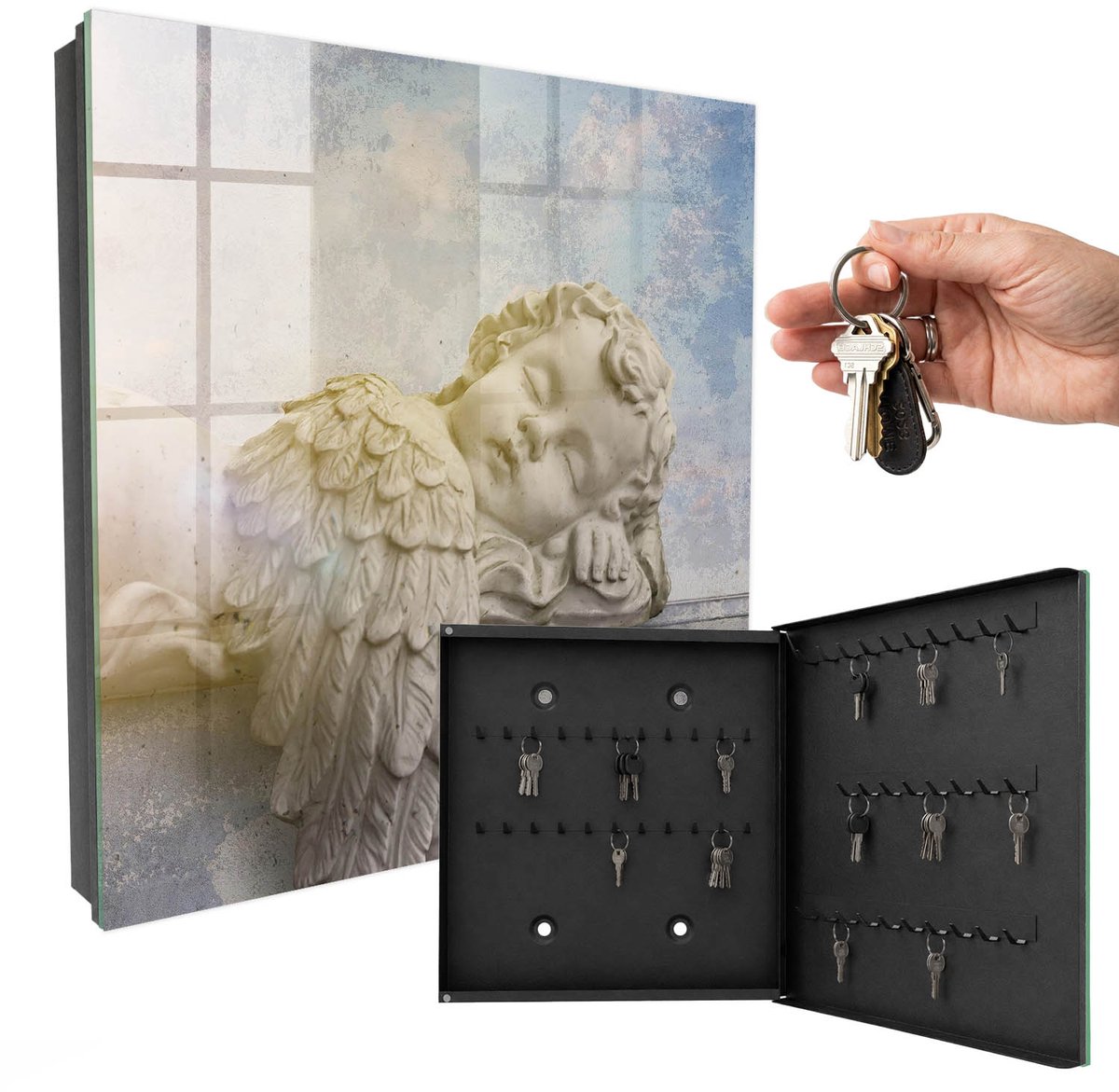 WallMuralia - Sleutelkast - 30x30x5 cm - met 50 haken - Slapende Engel Sleutelkastje Gang - Beige Sleutelbox - Rechtsopenend - Zwart interieur