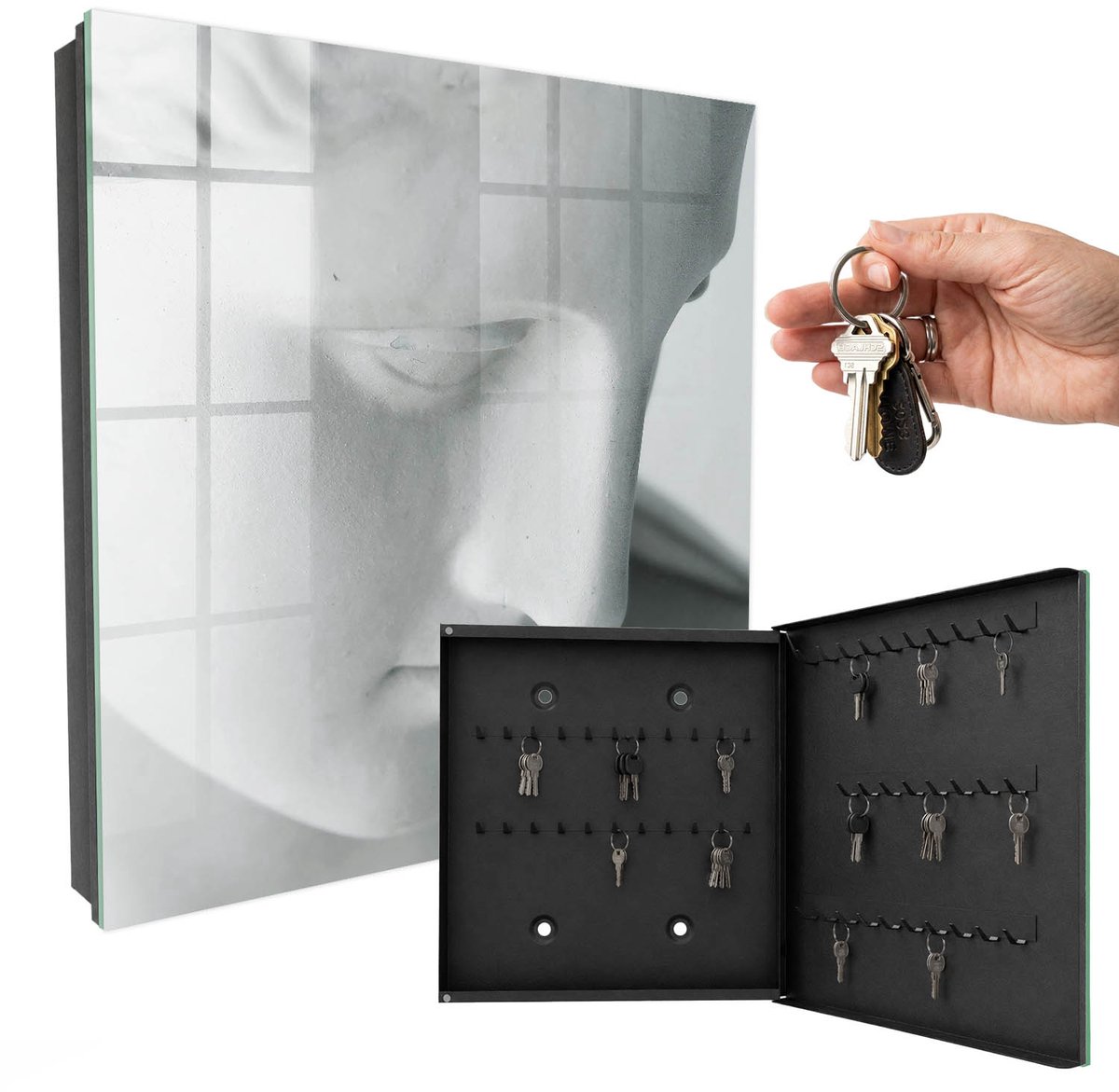 WallMuralia - Sleutelkast - 30x30x5 cm - met 50 haken - Klassieke Vrede Sleutelkastje Voor Binnen - Wit Sleutelbox - Rechtsopenend - Zwart interieur
