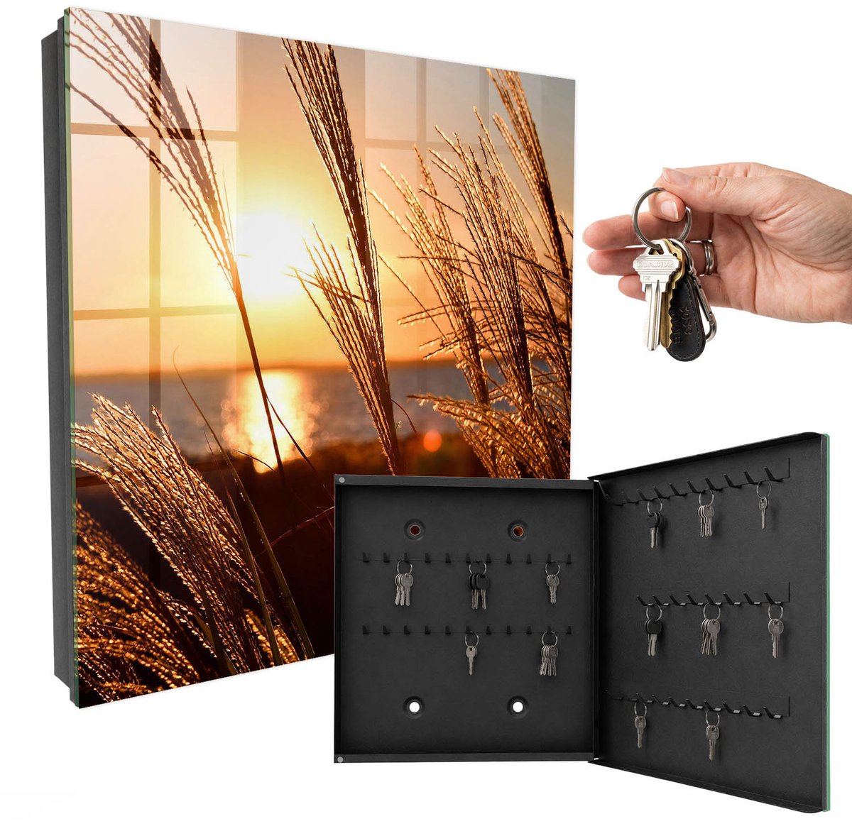 WallMuralia - Sleutelkast - 30x30x5 cm - met 50 haken - Zonsondergang Sleutelkastje Industrieel - Oranje Sleutelbox - Rechtsopenend - Zwart interieur