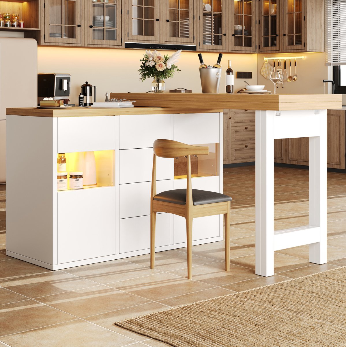 MIVRAY Eettafel - Draaibare Uitschuifbare Keukeninzet Met Rgb Verlichting En Glazen Deuren - Modern Voor Keuken En Eetkamer - Wit