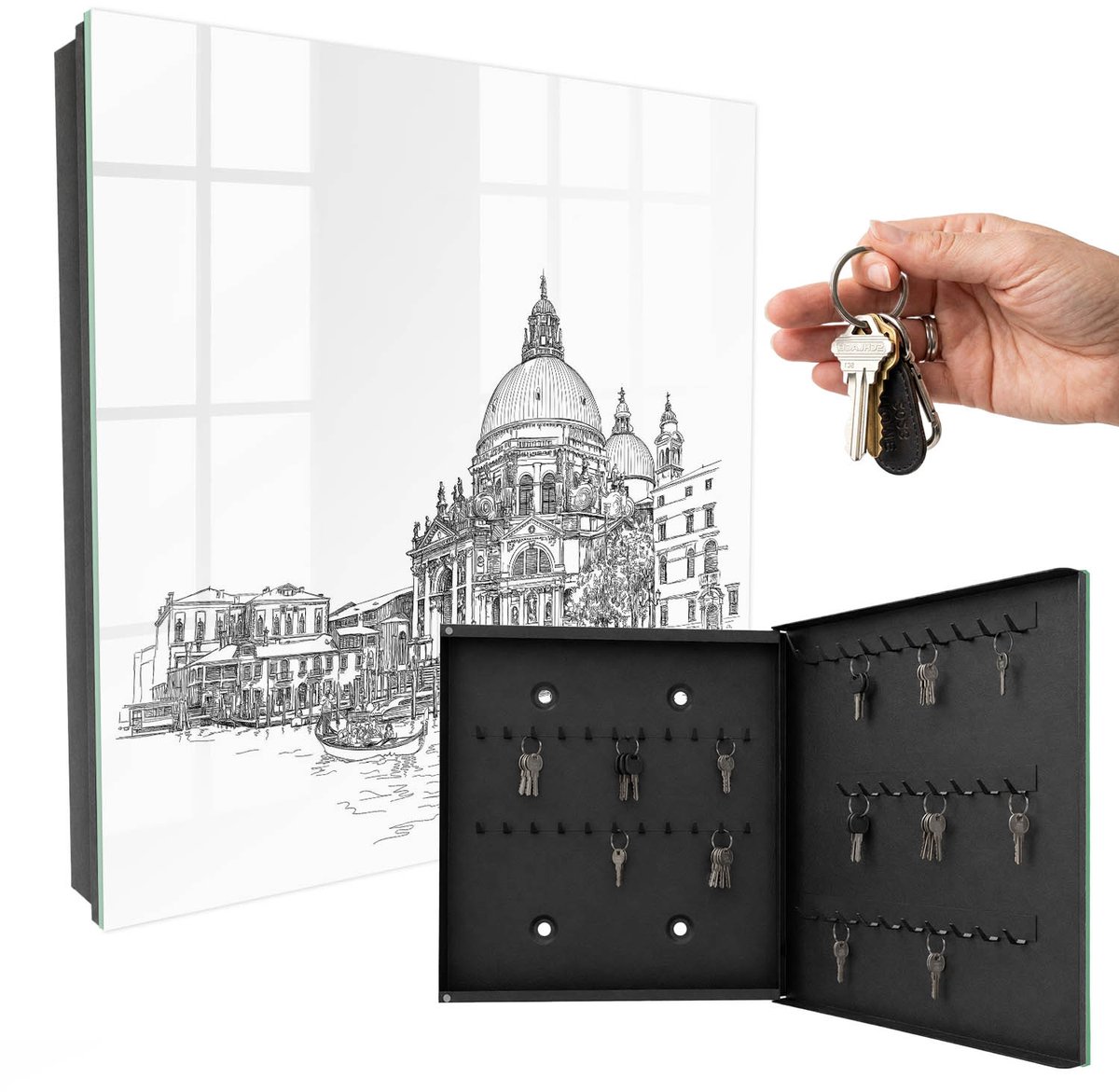 WallMuralia - Sleutelkast - 30x30x5 cm - met 50 haken - Venetiaanse Lijnen Sleutelkastje Binnen - Wit Sleutelbox - Rechtsopenend - Zwart interieur