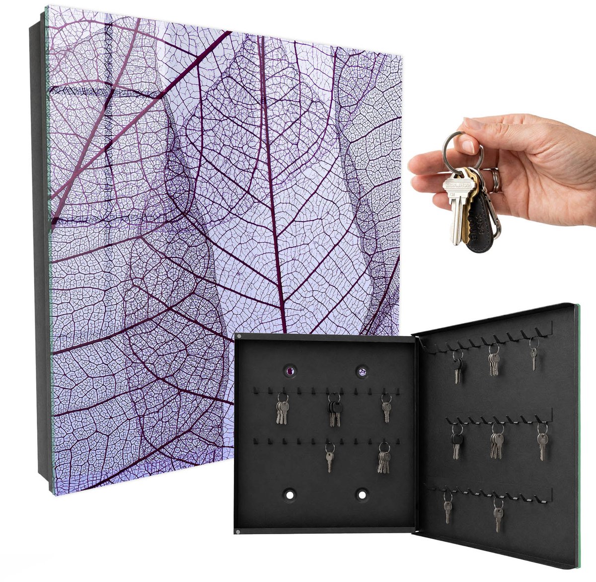 WallMuralia - Sleutelkast - 30x30x5 cm - met 50 haken - Bladstructuur Sleutelkastje Voor Binnen - Paars Sleutelbox - Rechtsopenend - Zwart interieur