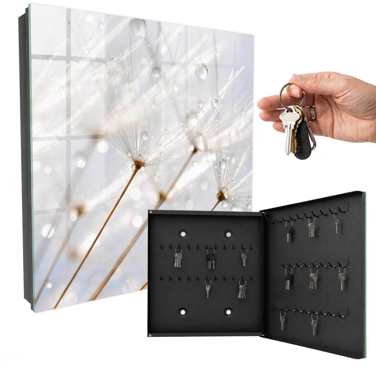 WallMuralia - Sleutelkast - 30x30x5 cm - met 50 haken - De Lichtheid Van De Natuur Sleutelkastje Modern - Wit Sleutelbox - Rechtsopenend - Zwart interieur