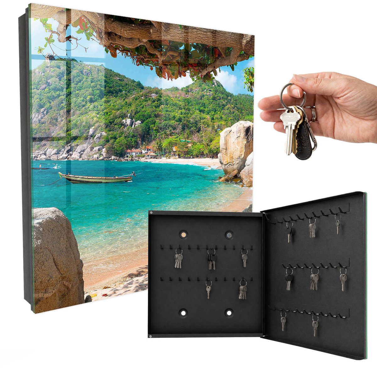 WallMuralia - Sleutelkast - 30x30x5 cm - met 50 haken - Een Paradijselijk Uitzicht Sleutelkastje Muur - Turkoois Sleutelbox - Rechtsopenend - Zwart interieur