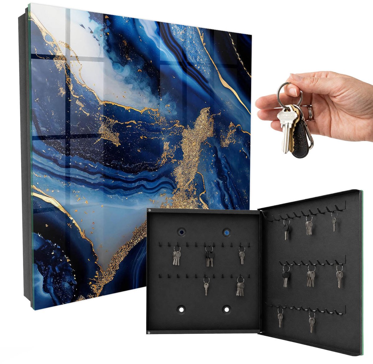 WallMuralia - Sleutelkast - 30x30x5 cm - met 50 haken - Marineblauwe Strepen Sleutelkastje Voor Binnen - Marine Sleutelbox - Rechtsopenend - Zwart interieur
