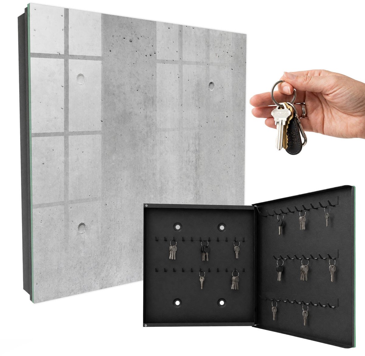 WallMuralia - Sleutelkast - 30x30x5 cm - met 50 haken - Ruw Beton Sleutelkastje Voor Binnen - Grijs Sleutelbox - Rechtsopenend - Zwart interieur