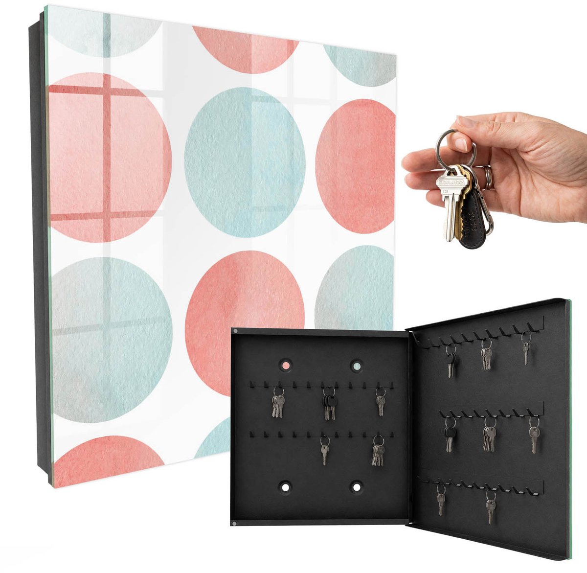 WallMuralia - Sleutelkast - 30x30x5 cm - met 50 haken - Pastelkleurige Cirkels Sleutelkastje Klein - Wit Sleutelbox - Rechtsopenend - Zwart interieur