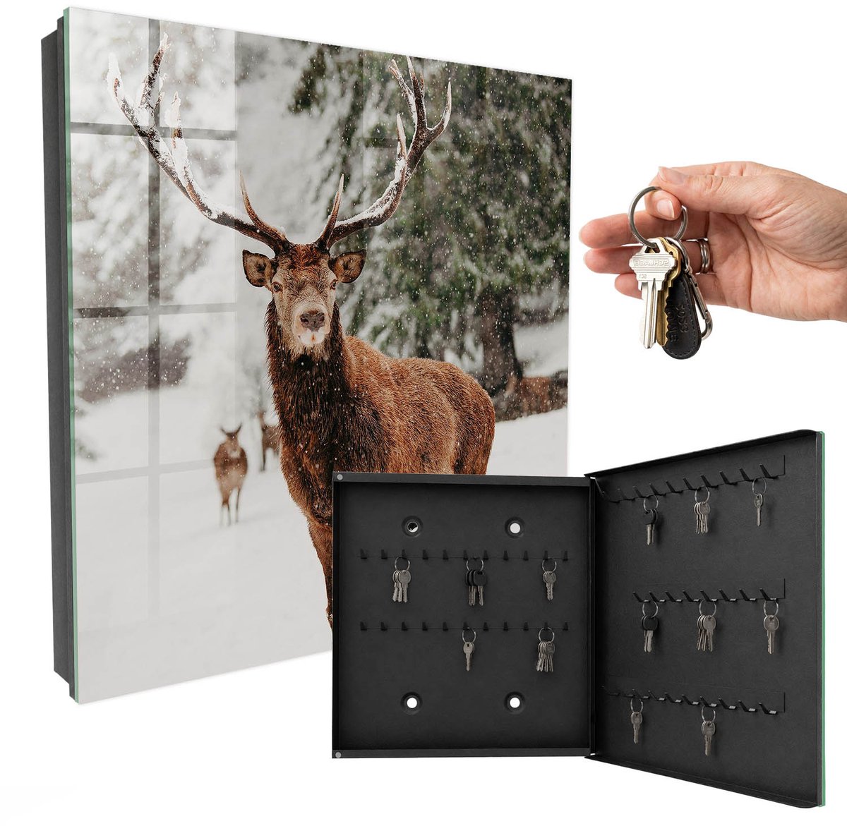 WallMuralia - Sleutelkast - 30x30x5 cm - met 50 haken - Winterhert Sleutelkastje Industrieel - Bruin Sleutelbox - Rechtsopenend - Zwart interieur