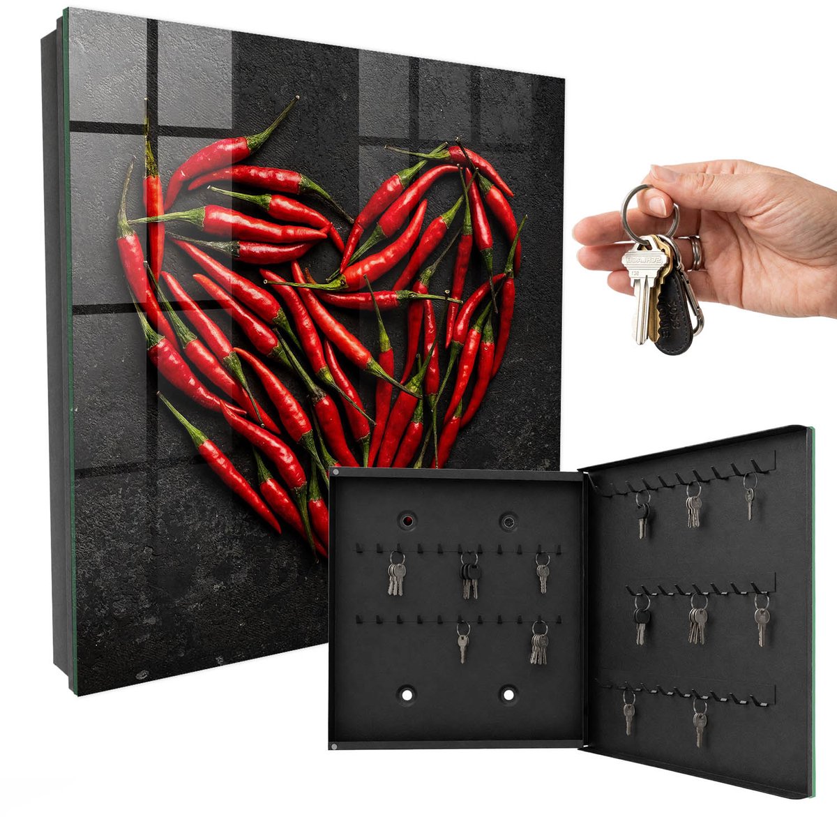WallMuralia - Sleutelkast - 30x30x5 cm - met 50 haken - Peperhart Leuk Sleutelkastje - Rood Sleutelbox - Rechtsopenend - Zwart interieur