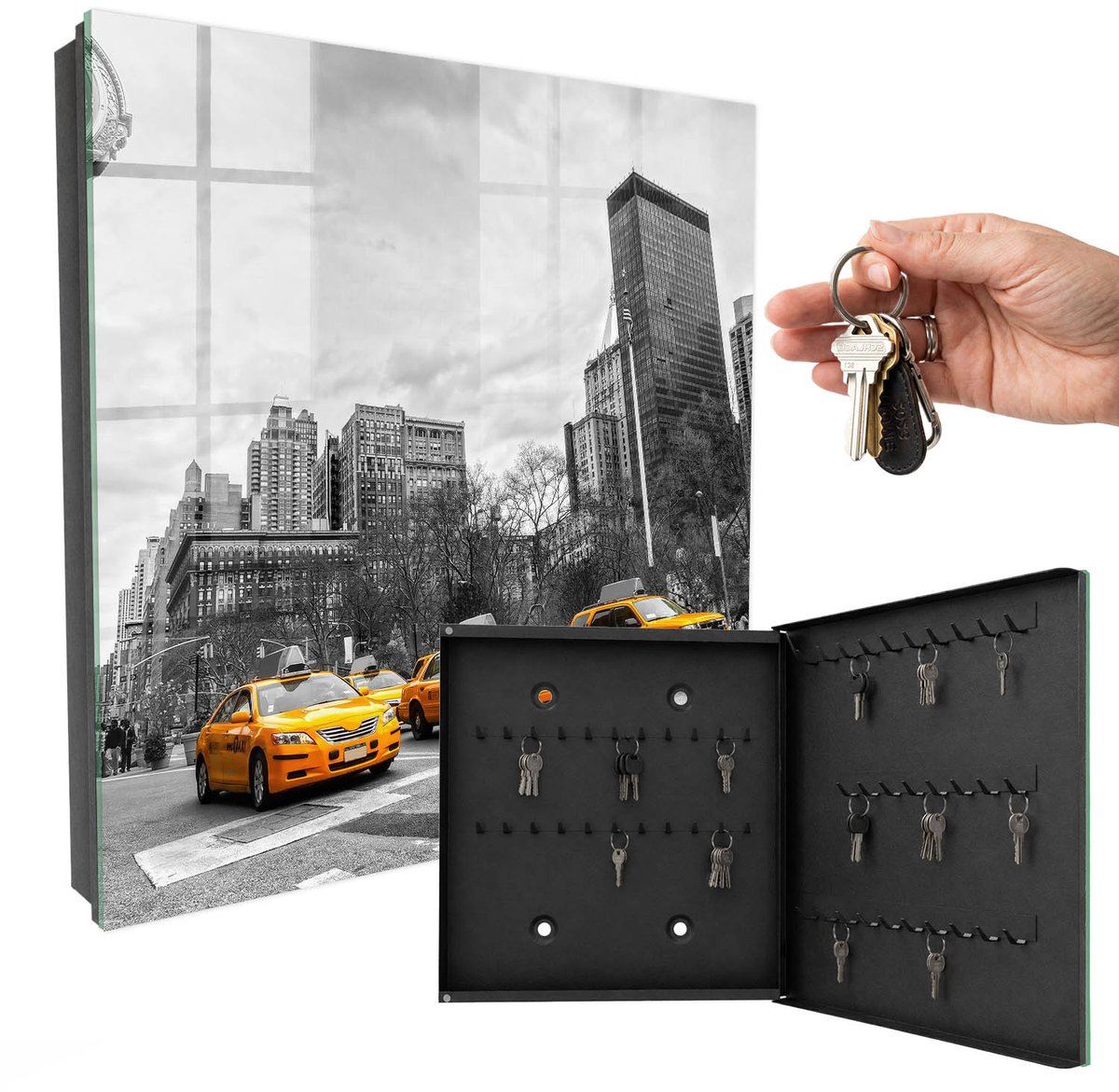 WallMuralia - Sleutelkast - 30x30x5 cm - met 50 haken - Stedelijke Energie Design Sleutelkastje - Grijs Sleutelbox - Rechtsopenend - Zwart interieur