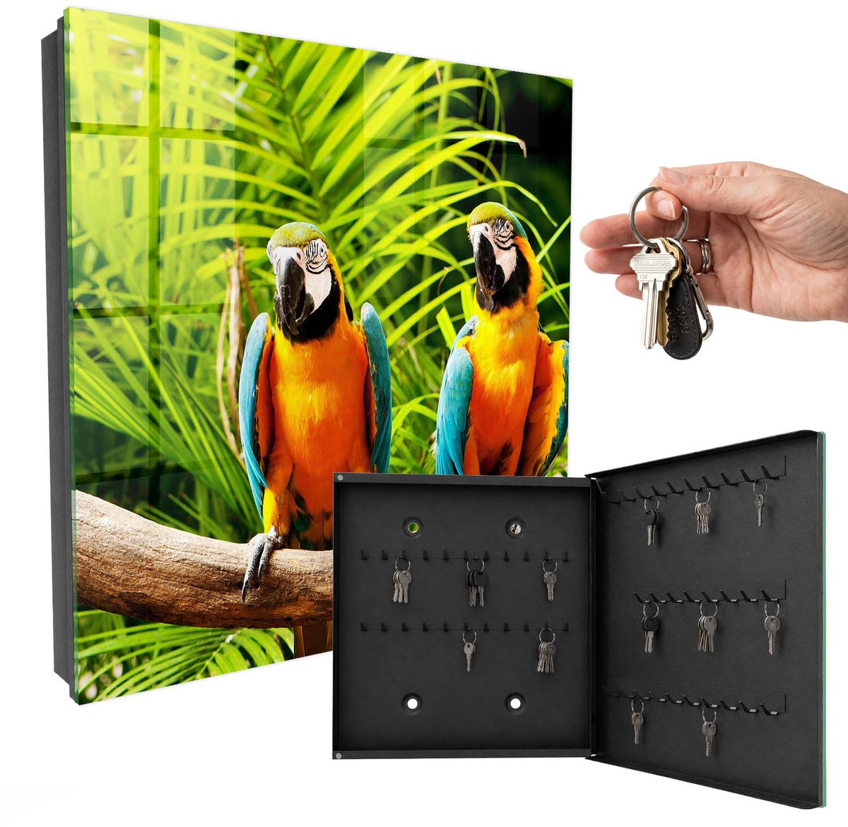 WallMuralia - Sleutelkast - 30x30x5 cm - met 50 haken - Tropische Vogels Sleutelkastje Hal - Groente Sleutelbox - Rechtsopenend - Zwart interieur