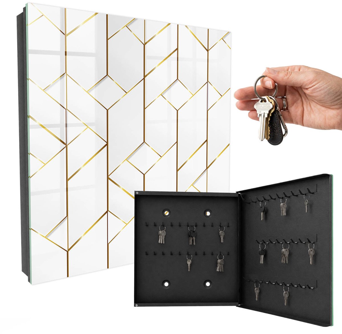 WallMuralia - Sleutelkast - 30x30x5 cm - met 50 haken - Moderne Elegantie Sleutelkastje Landelijk - Wit Sleutelbox - Rechtsopenend - Zwart interieur