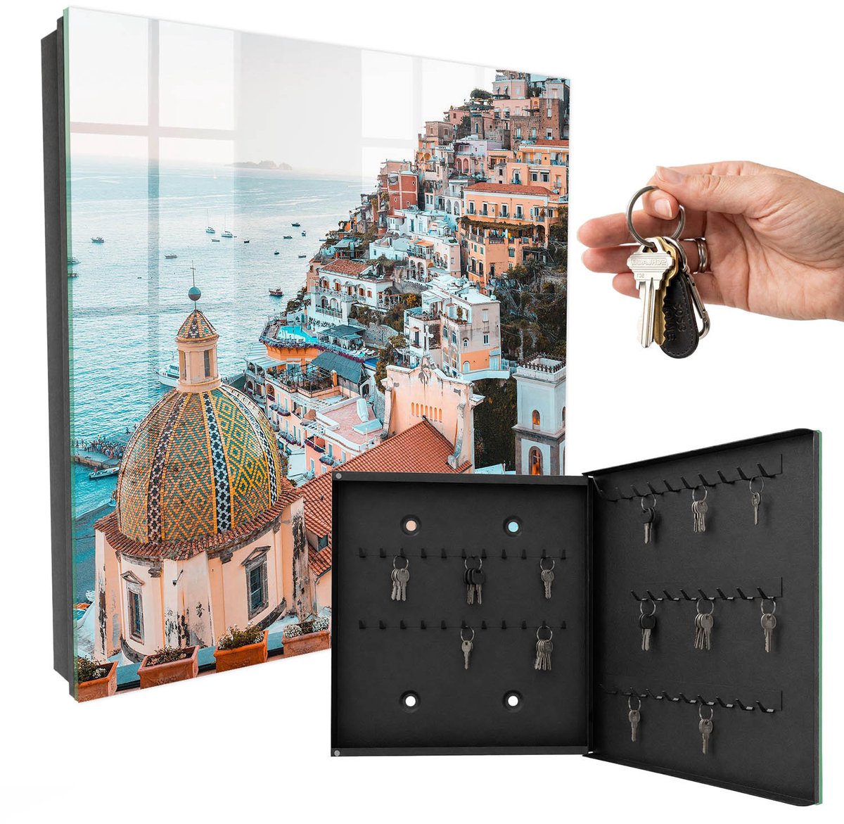 WallMuralia - Sleutelkast - 30x30x5 cm - met 50 haken - Mediterrane Charme Sleutelkastje Modern - Oranje Sleutelbox - Rechtsopenend - Zwart interieur