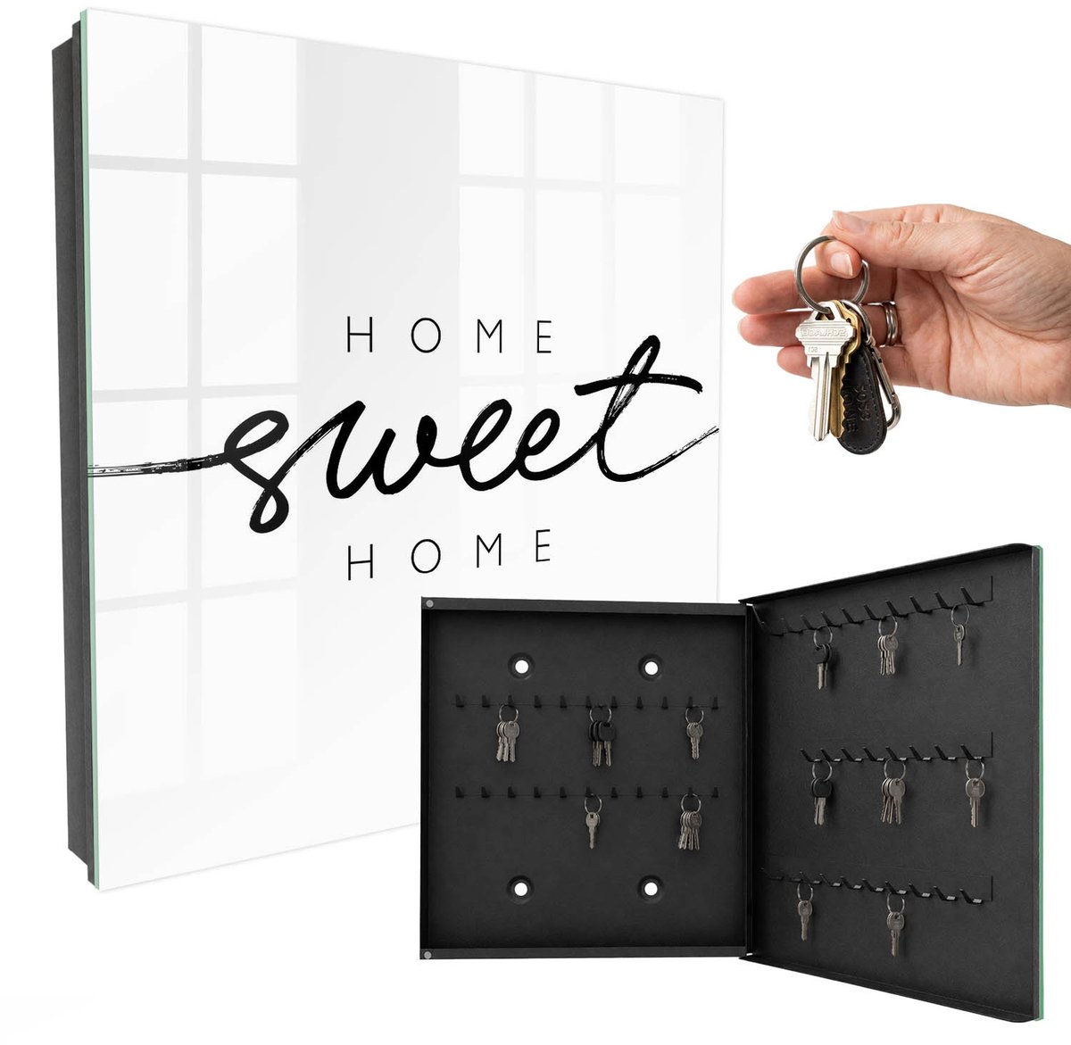 WallMuralia - Sleutelkast - 30x30x5 cm - met 50 haken - Huiselijke Charme Groot Sleutelkastje - Zwart-Wit Sleutelbox - Rechtsopenend - Zwart interieur