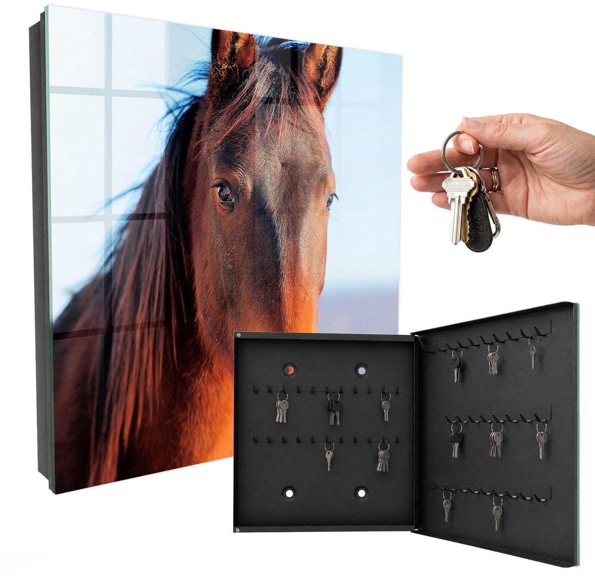 WallMuralia - Sleutelkast - 30x30x5 cm - met 50 haken - Portret Van Een Paard Sleutelkastje Huis - Bruin Sleutelbox - Rechtsopenend - Zwart interieur
