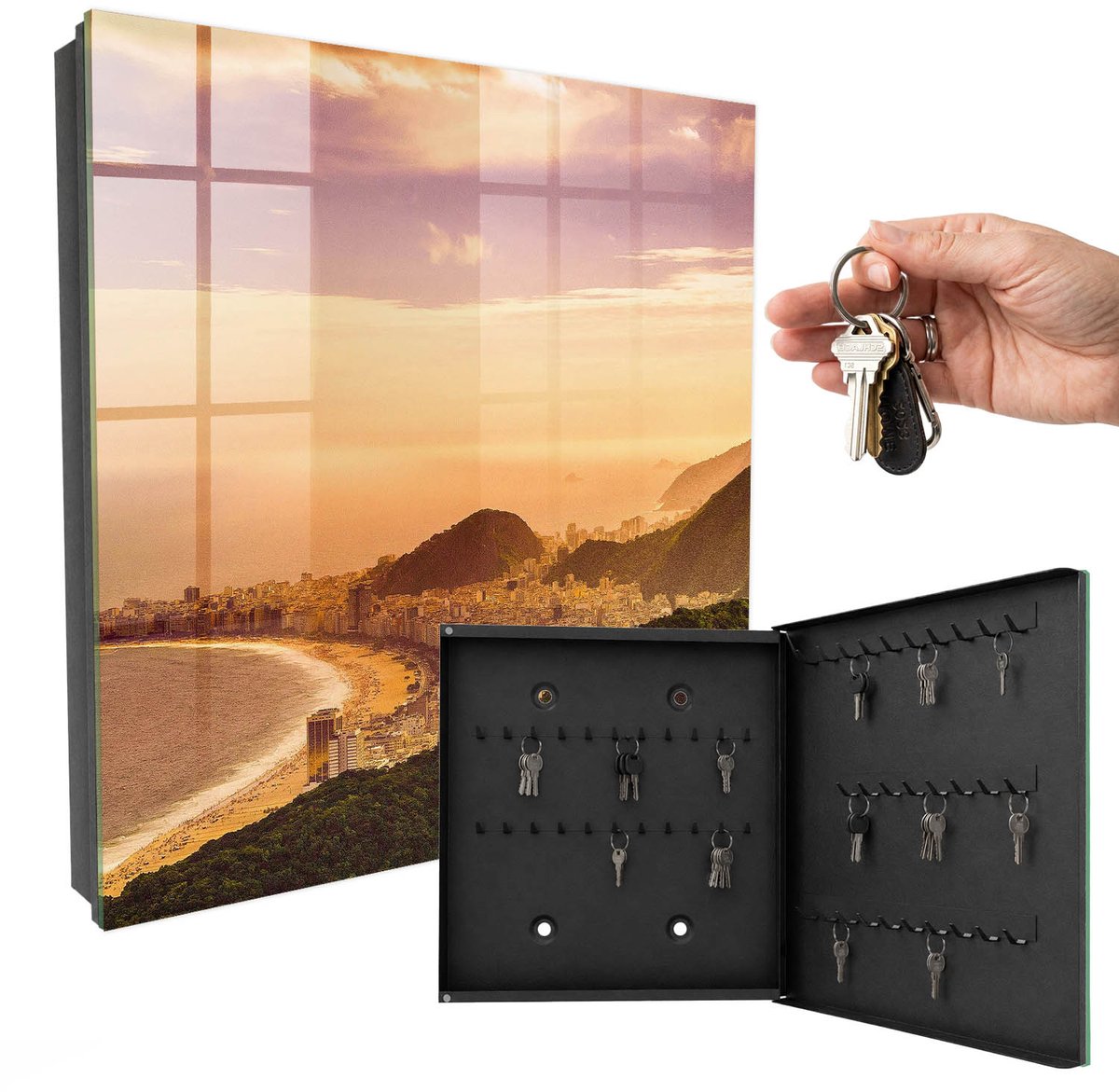 WallMuralia - Sleutelkast - 30x30x5 cm - met 50 haken - Stedelijke Harmonie Sleutelkastje Design - Oranje Sleutelbox - Rechtsopenend - Zwart interieur