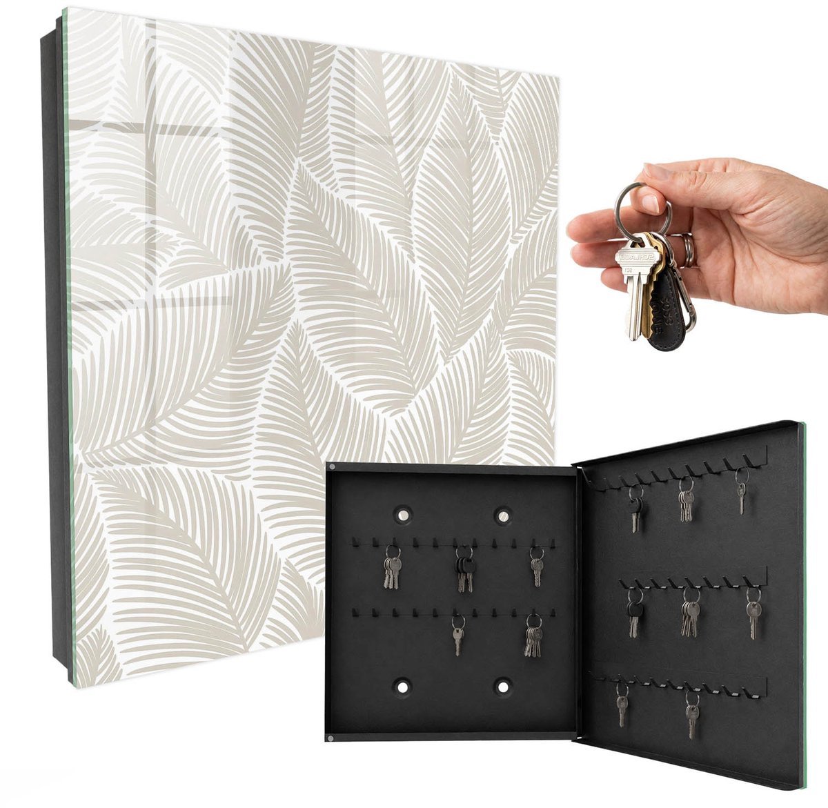 WallMuralia - Sleutelkast - 30x30x5 cm - met 50 haken - Vredige Bladeren Sleutelkastje Hal - Beige Sleutelbox - Rechtsopenend - Zwart interieur