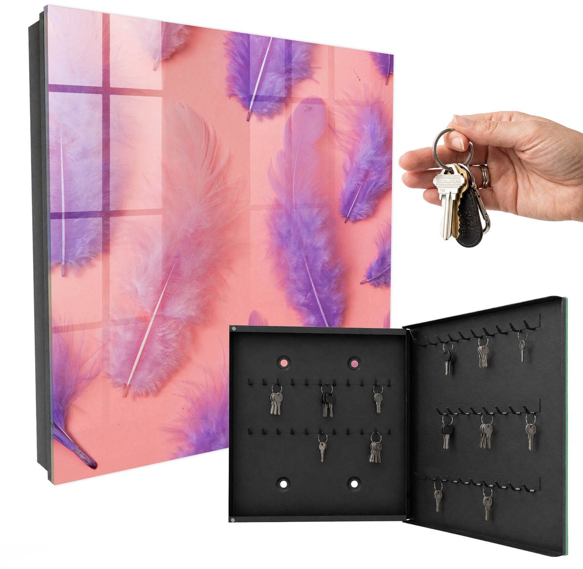 WallMuralia - Sleutelkast - 30x30x5 cm - met 50 haken - Paarse Veren Sleutelkastje Hal - Paars Sleutelbox - Rechtsopenend - Zwart interieur