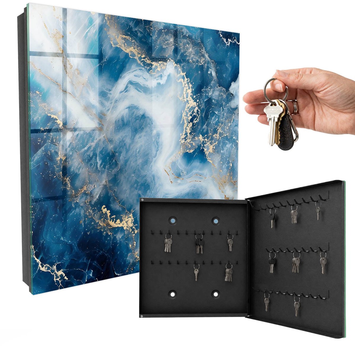 WallMuralia - Sleutelkast - 30x30x5 cm - met 50 haken - Dromerige Abstractie Groot Sleutelkastje - Blauw Sleutelbox - Rechtsopenend - Zwart interieur