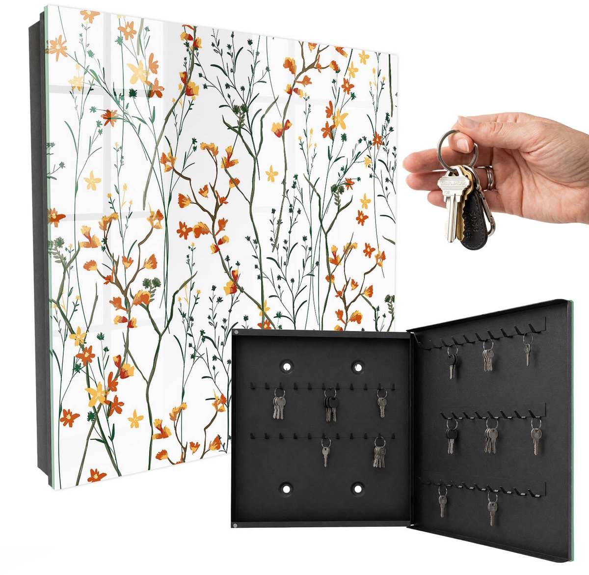 WallMuralia - Sleutelkast - 30x30x5 cm - met 50 haken - Bloemenpatroon Design Sleutelkastje - Wit Sleutelbox - Rechtsopenend - Zwart interieur