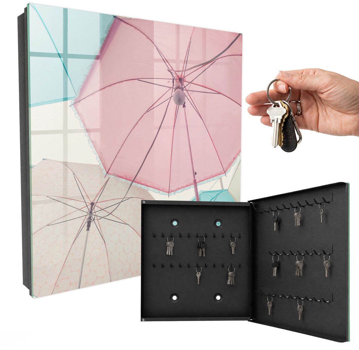 WallMuralia - Sleutelkast - 30x30x5 cm - met 50 haken - Pastelkleurige Paraplu'S Sleutelkastje Modern - Roze Sleutelbox - Rechtsopenend - Zwart interieur