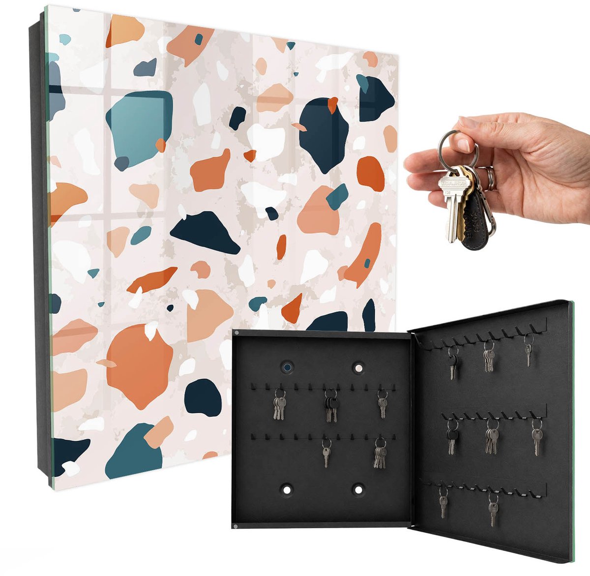 WallMuralia - Sleutelkast - 30x30x5 cm - met 50 haken - Kleurrijke Chaos Sleutelkastje Landelijk - Oranje Sleutelbox - Rechtsopenend - Zwart interieur