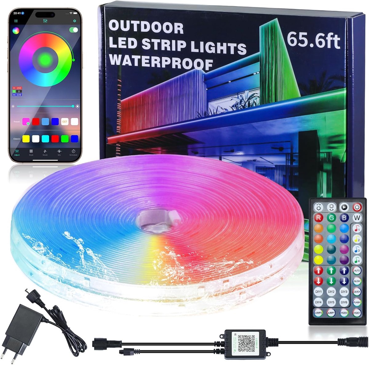 Ledstrip voor buiten, IP68 waterdicht, RGB, ondersteunt afstandsbediening/app-besturing met muzieksynchronisatie en timerfunctie voor balkons, daken en tuinen