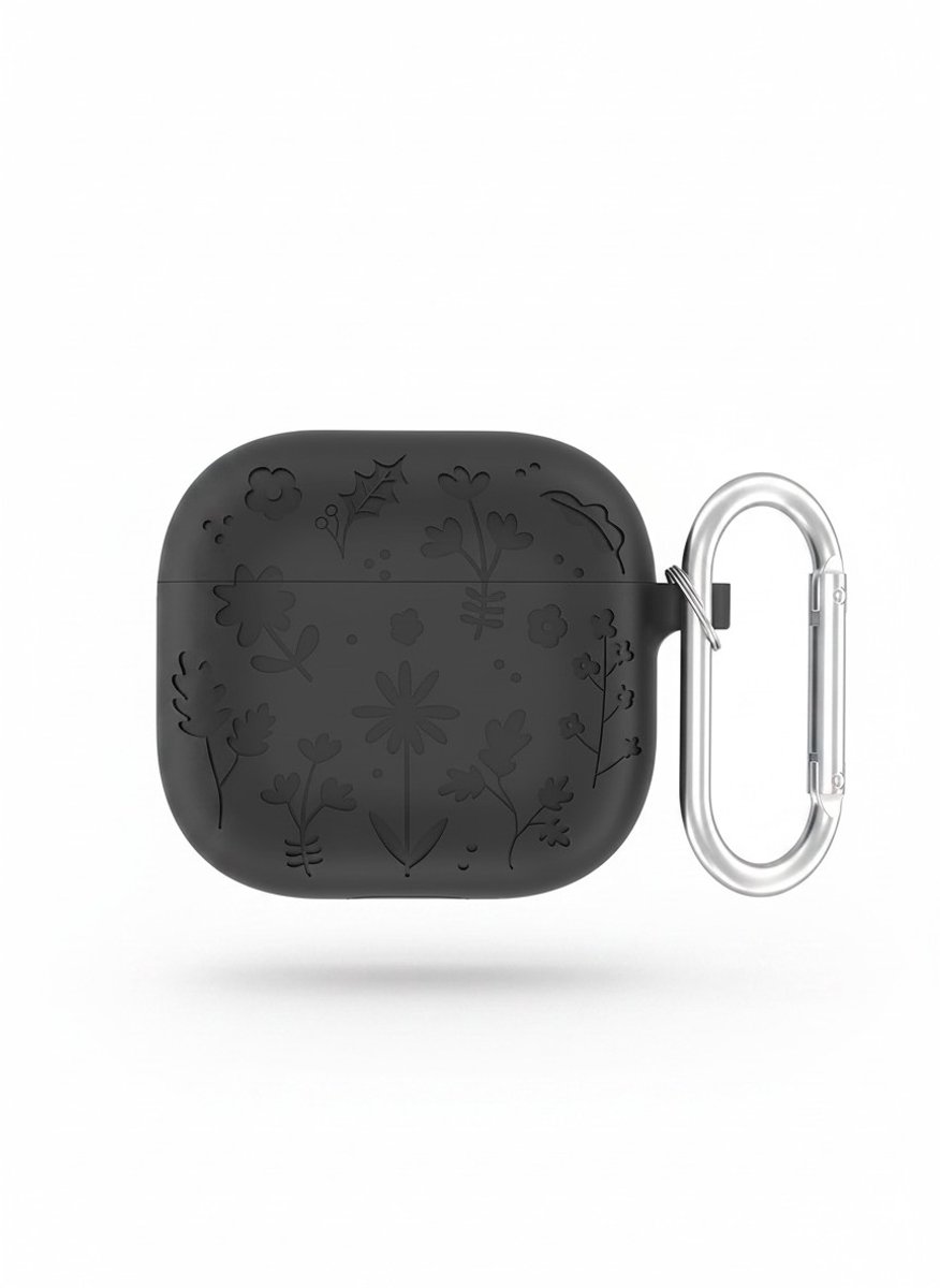 Enluxe Case geschikt voor Airpods 4 - Wilde Bloemen Zwart - Siliconen Hoesje met Reliëf en Karabijnhaak